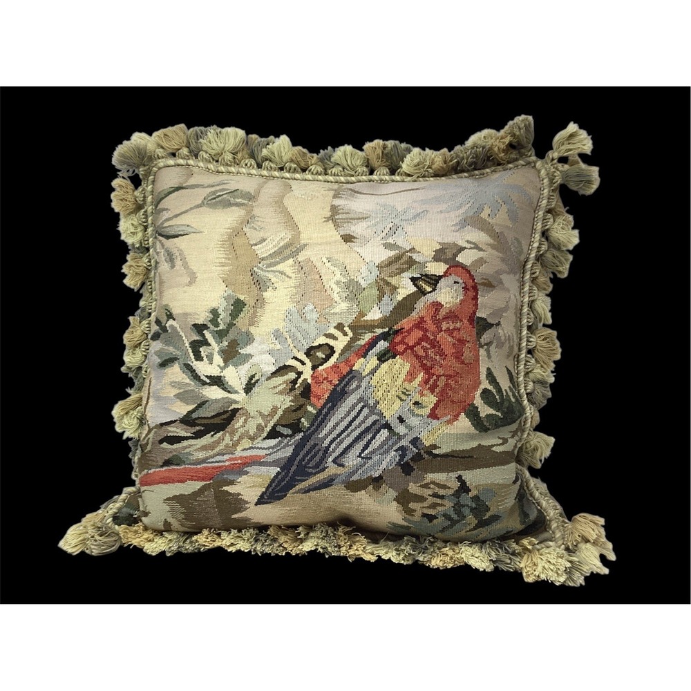 Wool Tapestry Pillow W/ Tassels Parrot Bird On A Branch Feather Stuffed20x20